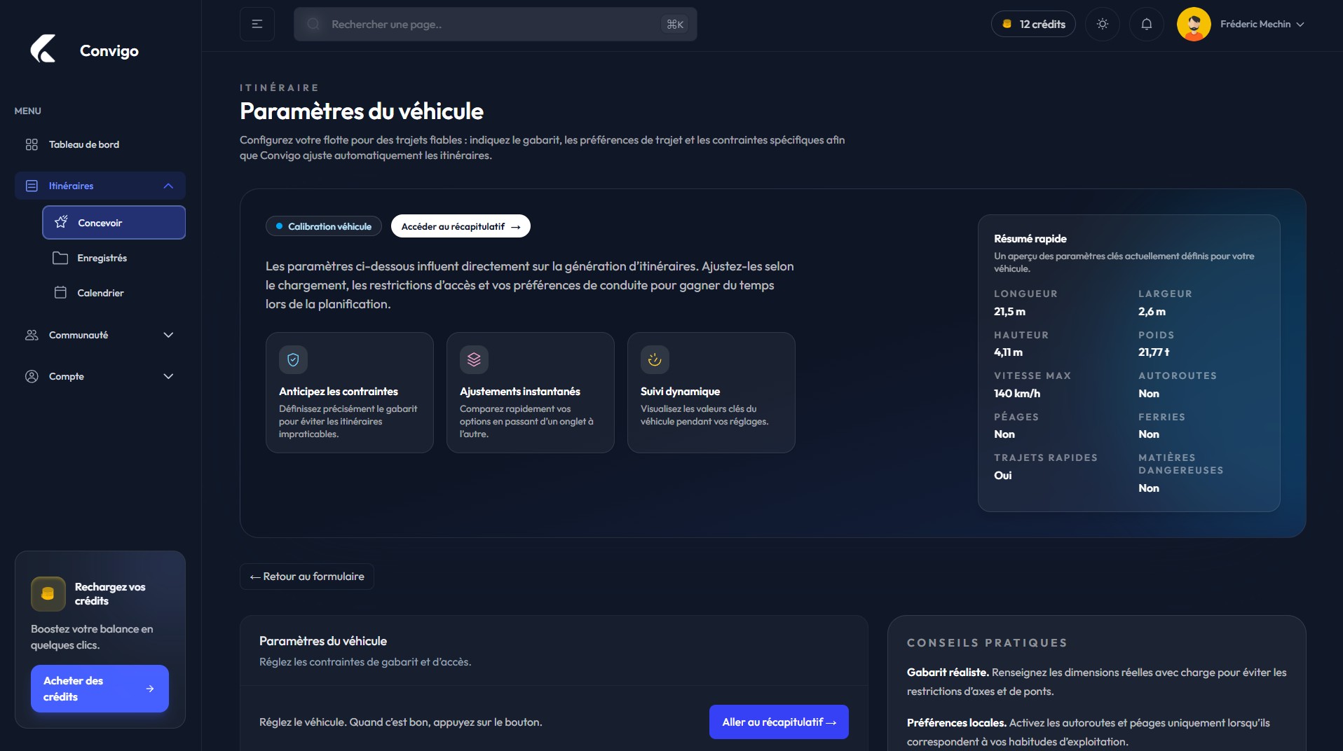 Aperçu du tableau de bord Convigo